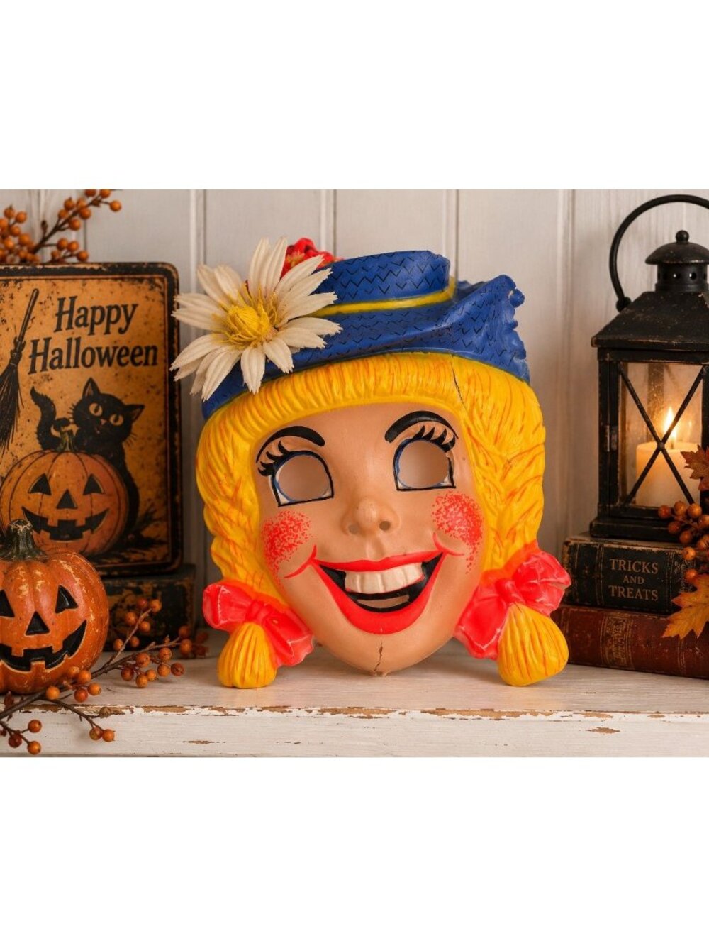 Vintage 1960s Ben Cooper Raggedy Ann Halloween Mask Vacuform Bonnet Daisy